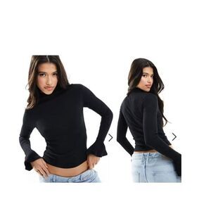 ASOS DESIGN ribbed high neck top with flared sleeve in black, US 10
